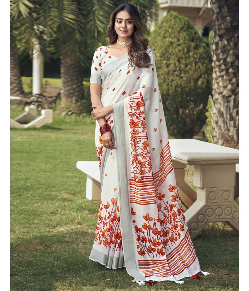     			Satrani Cotton Printed Saree With Blouse Piece - Off White ( Pack of 1 )