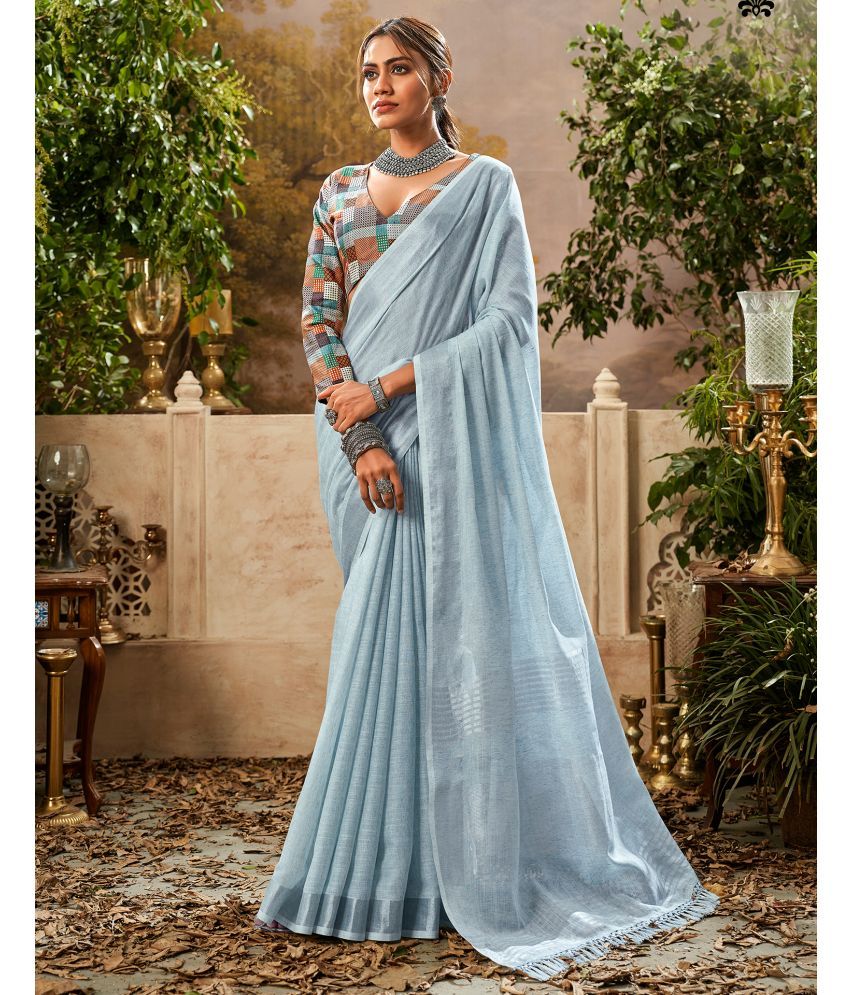     			Satrani Cotton Self Design Saree With Blouse Piece - Light Blue ( Pack of 1 )