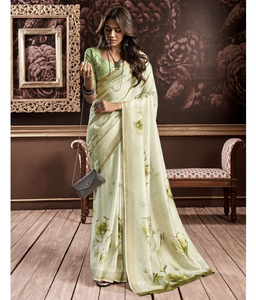    			Satrani Cotton Silk Printed Saree With Blouse Piece - Lime Green ( Pack of 1 )