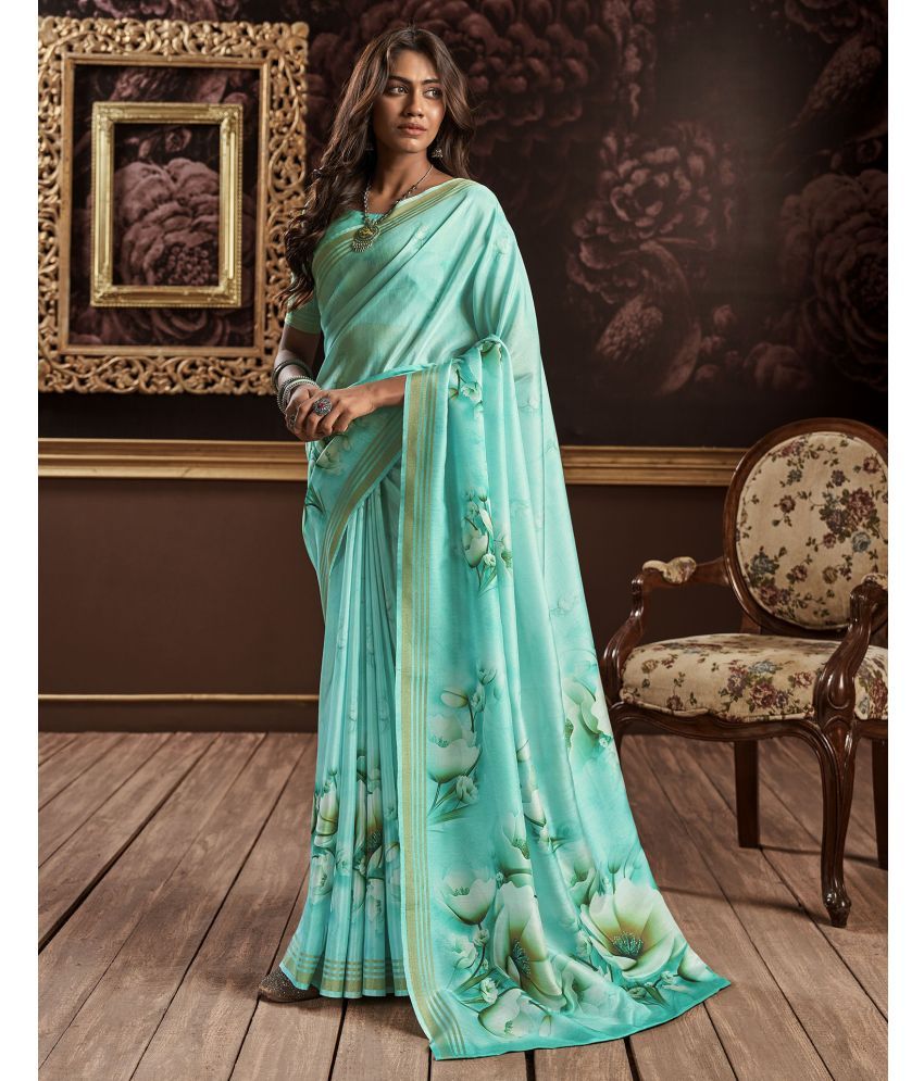     			Satrani Cotton Silk Printed Saree With Blouse Piece - Turquoise ( Pack of 1 )