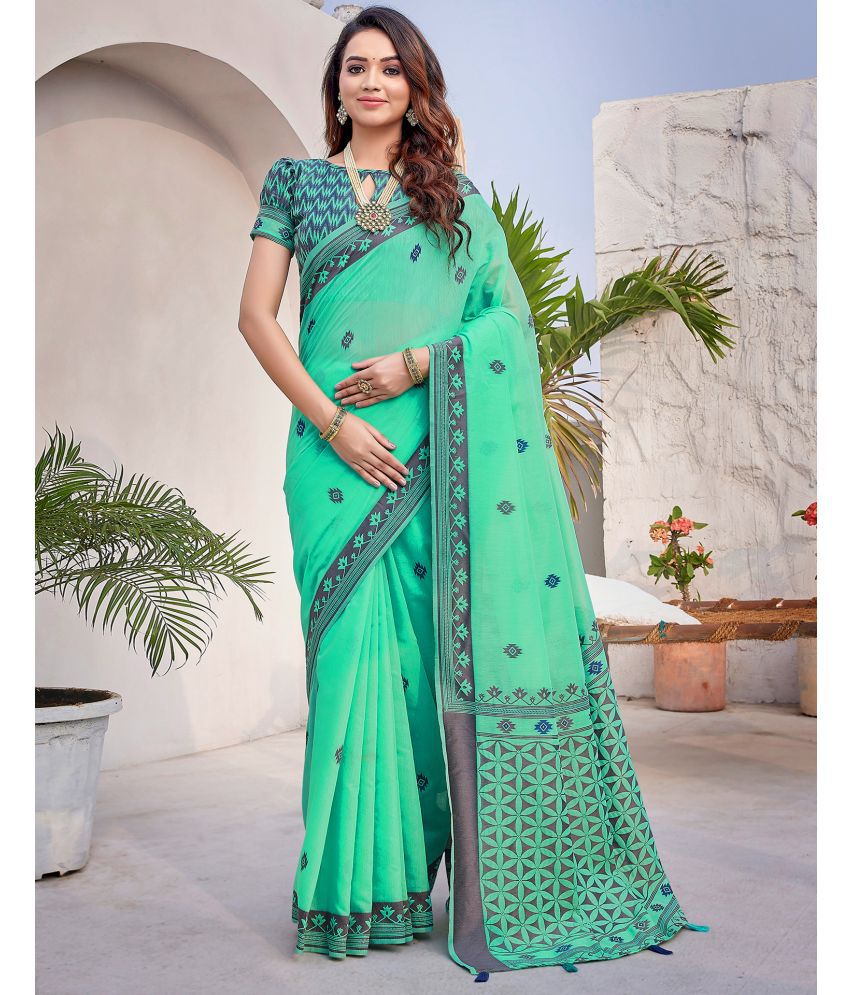     			Satrani Cotton Silk Self Design Saree With Blouse Piece - Turquoise ( Pack of 1 )