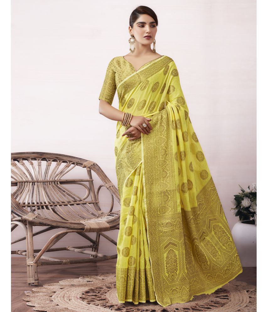     			Satrani Cotton Silk Self Design Saree With Blouse Piece - Yellow ( Pack of 1 )