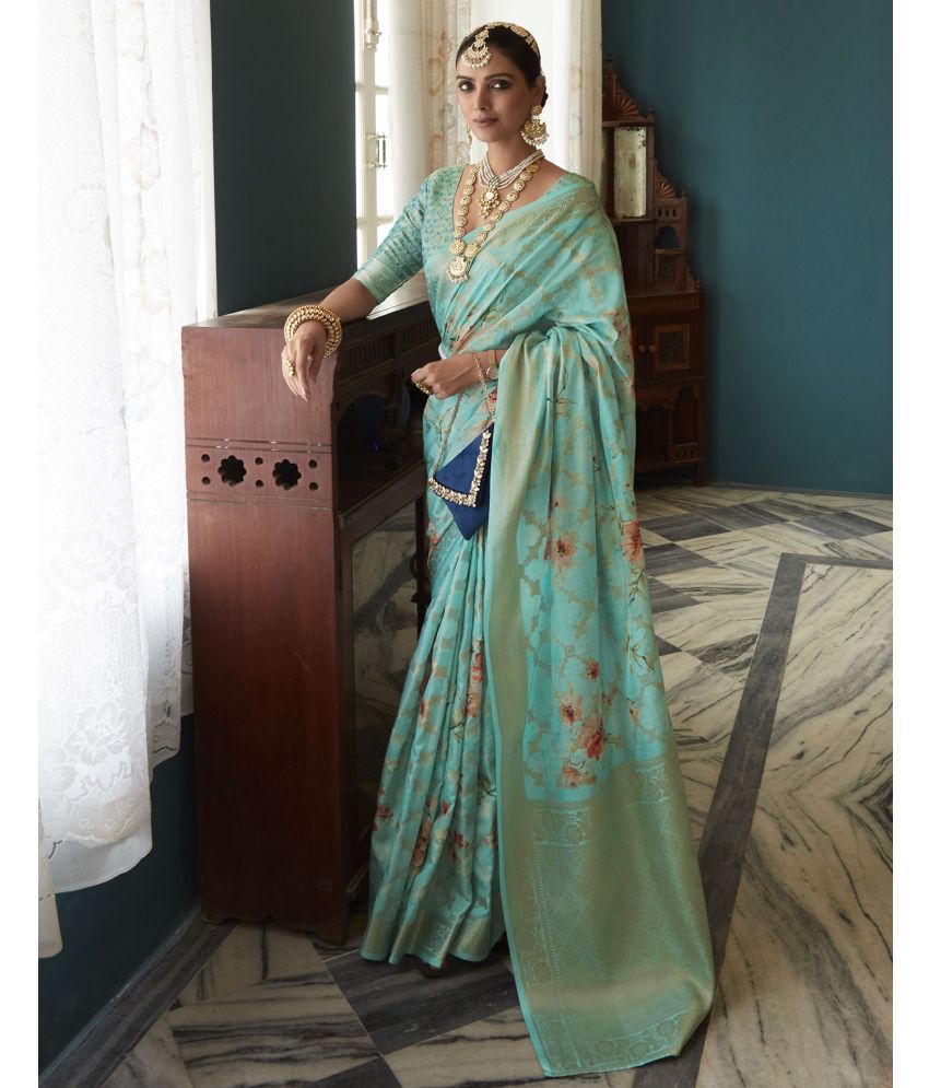     			Satrani Cotton Silk Woven Saree With Blouse Piece - Light Blue ( Pack of 1 )