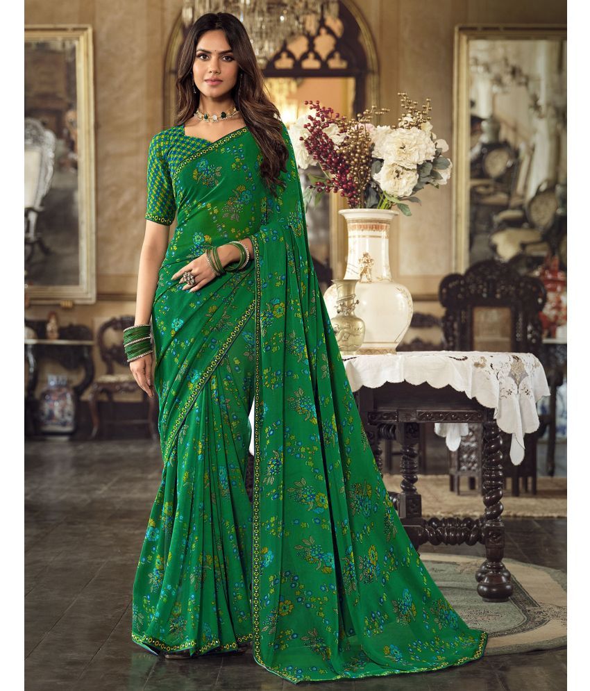     			Satrani Georgette Printed Saree With Blouse Piece - Green ( Pack of 1 )