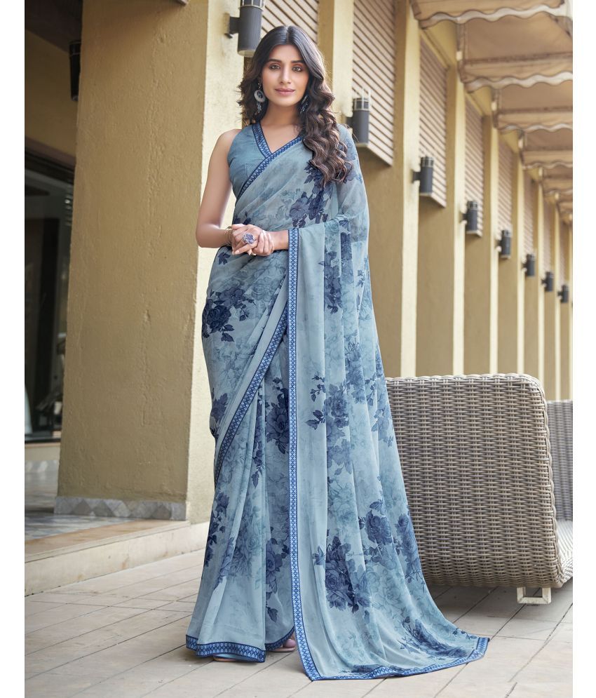     			Satrani Georgette Printed Saree With Blouse Piece - Light Blue ( Pack of 1 )