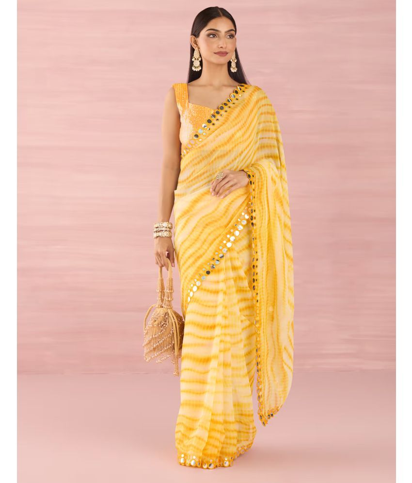     			Satrani Georgette Printed Saree With Blouse Piece - Yellow ( Pack of 1 )