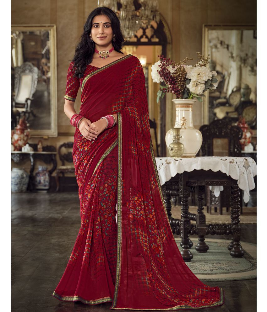     			Satrani Georgette Printed Saree With Blouse Piece - Red ( Pack of 1 )