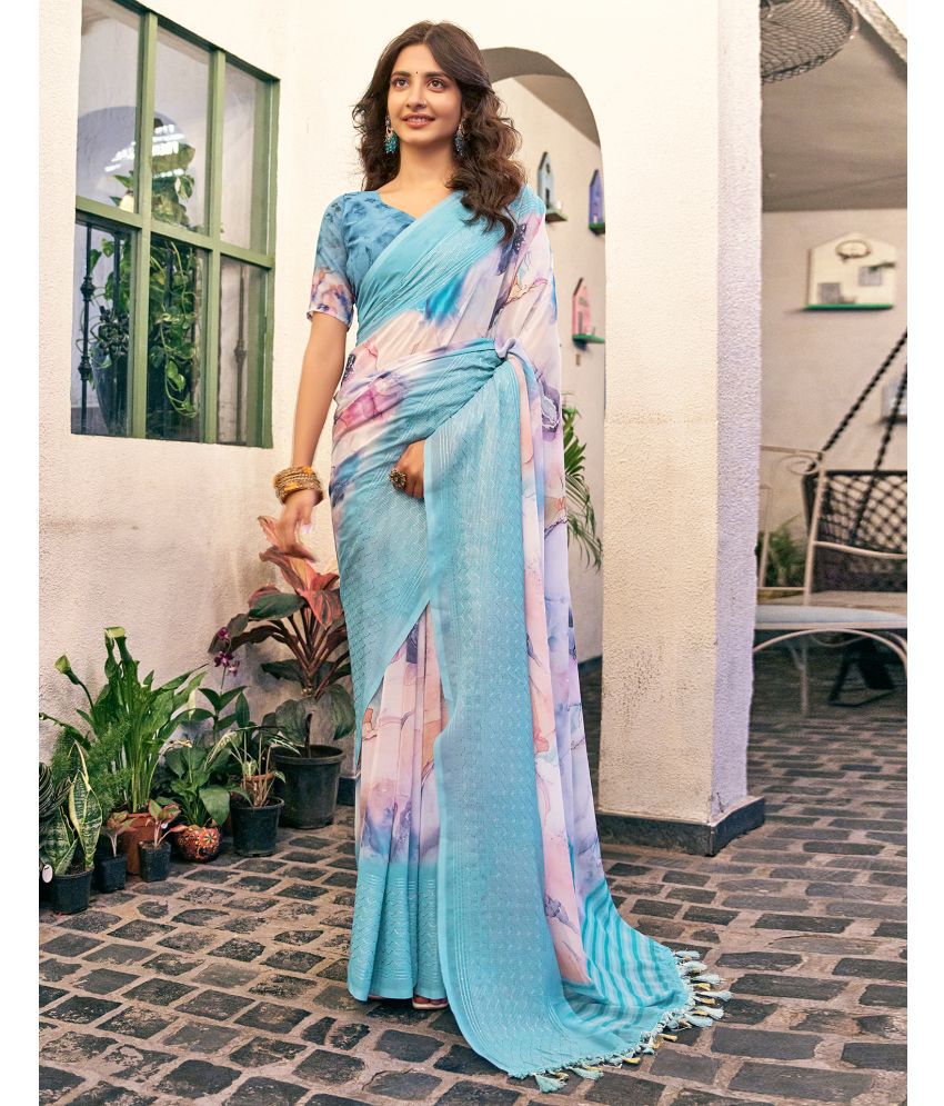     			Satrani Georgette Printed Saree With Blouse Piece - SkyBlue ( Pack of 1 )
