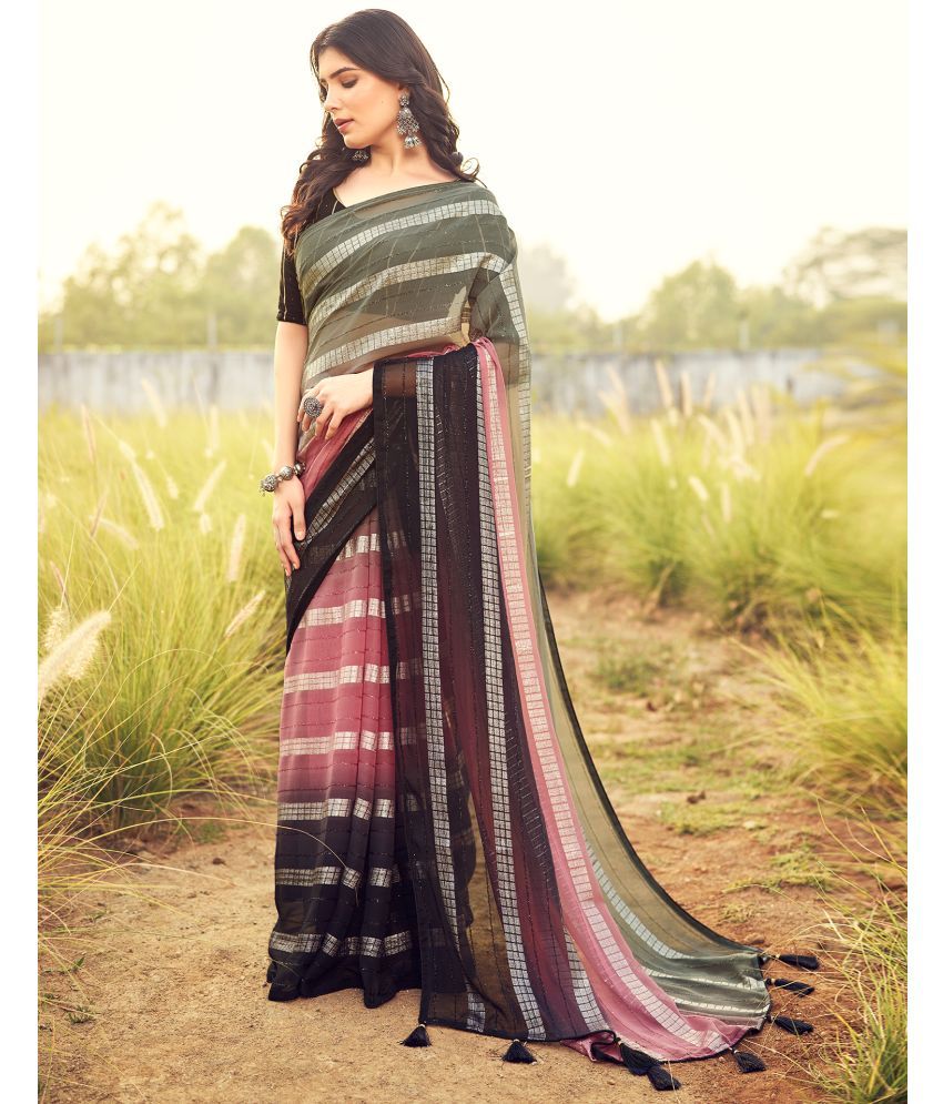     			Satrani Georgette Striped Saree With Blouse Piece - Black ( Pack of 1 )