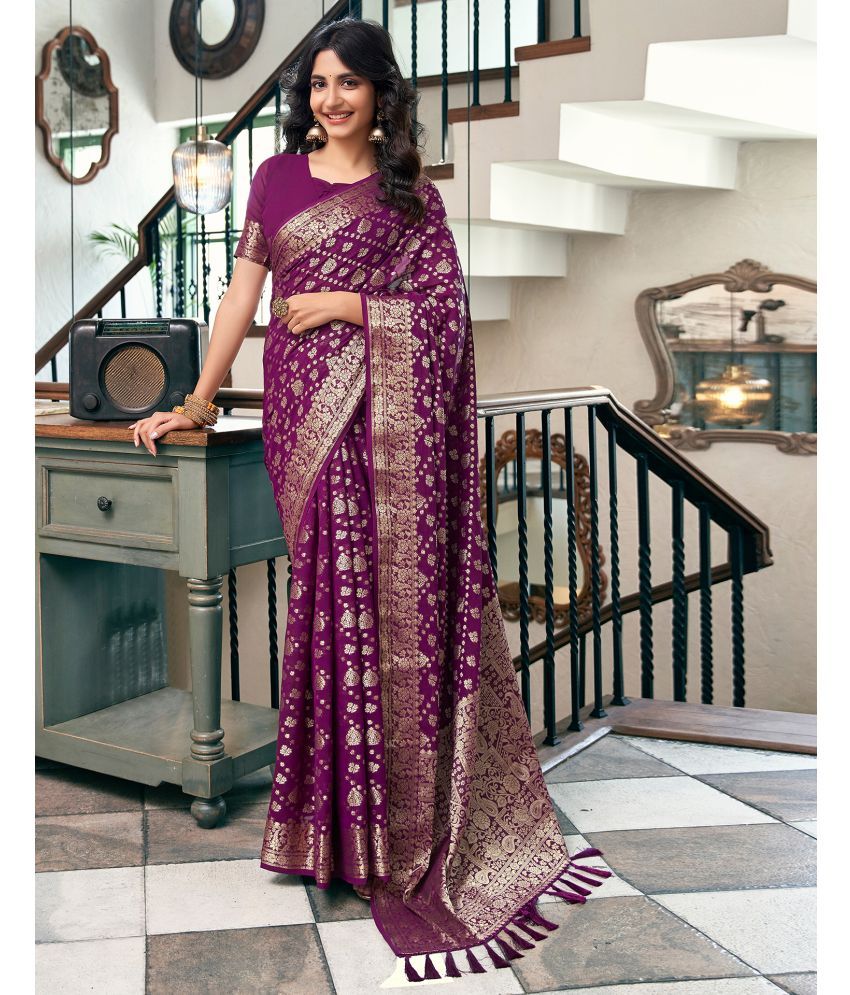     			Satrani Georgette Woven Saree With Blouse Piece - Purple ( Pack of 1 )