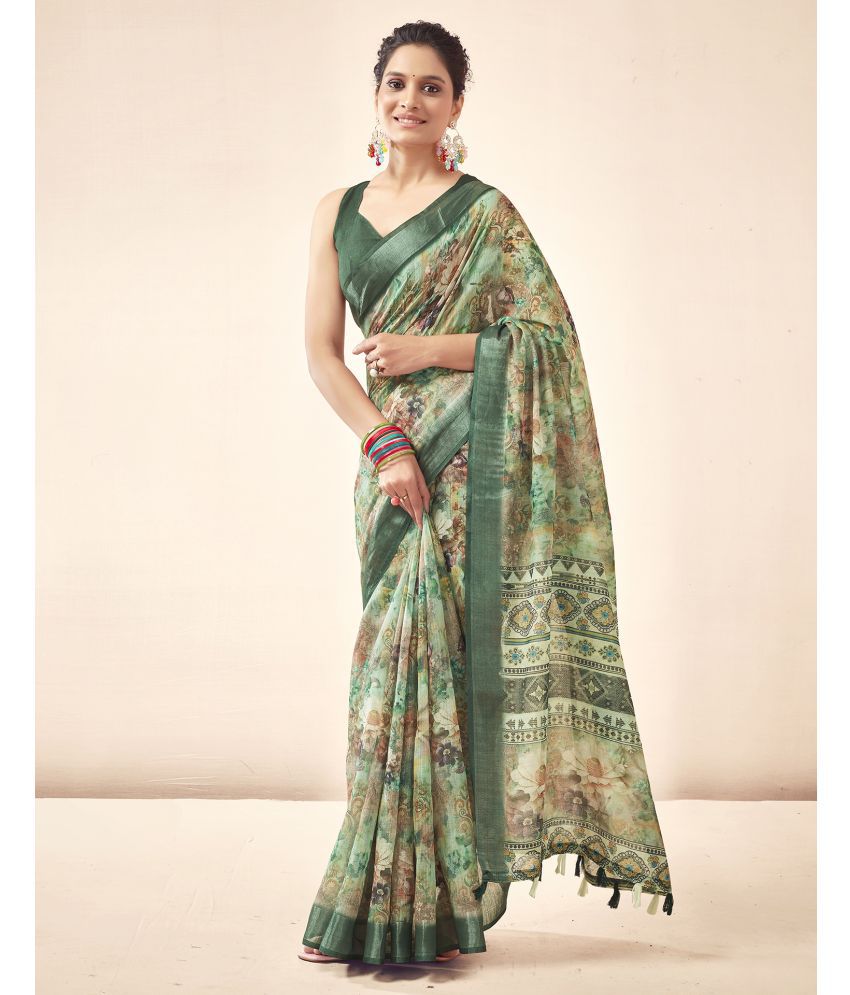     			Satrani Linen Printed Saree With Blouse Piece - Green ( Pack of 1 )