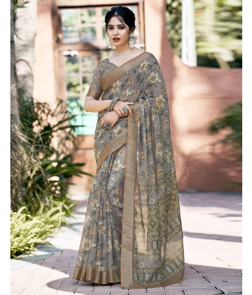     			Satrani Linen Printed Saree With Blouse Piece - Brown ( Pack of 1 )