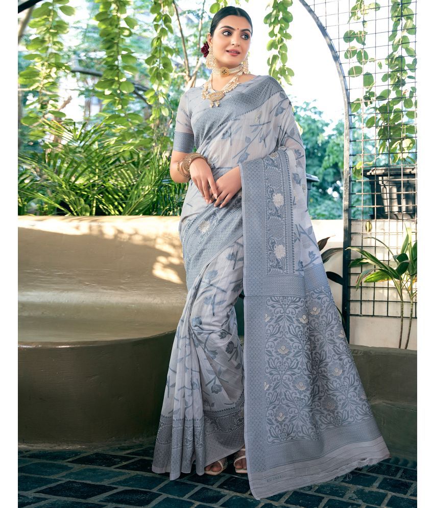     			Satrani Linen Woven Saree With Blouse Piece - Light Grey ( Pack of 1 )