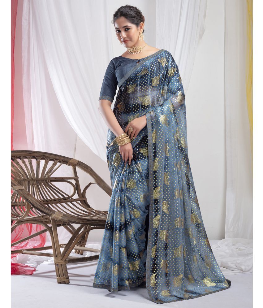     			Satrani Lycra Embellished Saree With Blouse Piece - Light Blue ( Pack of 1 )