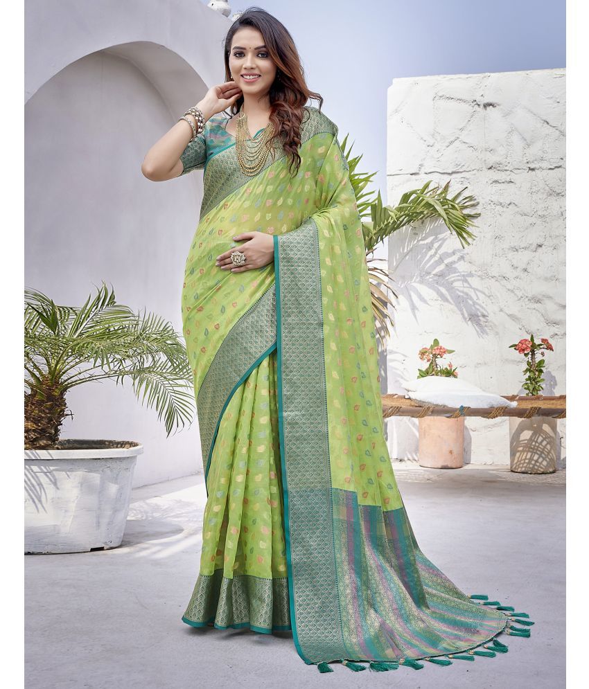     			Satrani Organza Woven Saree With Blouse Piece - Light Green ( Pack of 1 )