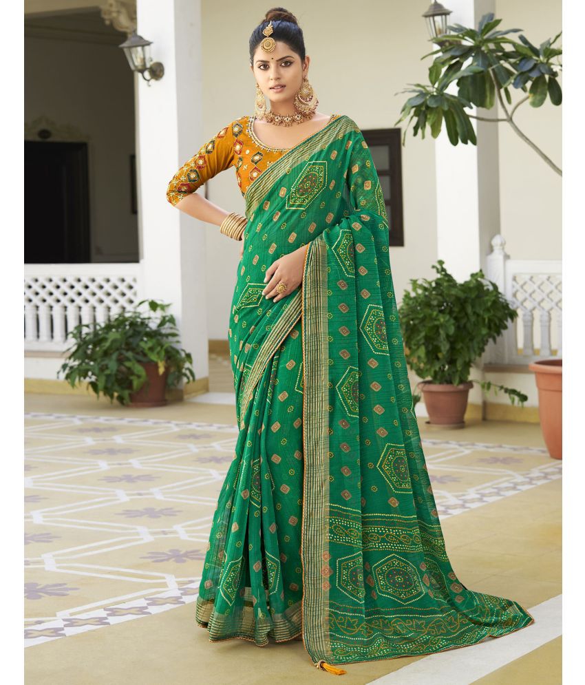     			Satrani Shimmer Printed Saree With Blouse Piece - Green ( Pack of 1 )