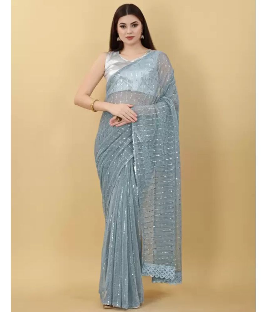     			Satrani Shimmer Self Design Saree With Blouse Piece - Light Blue ( Pack of 1 )
