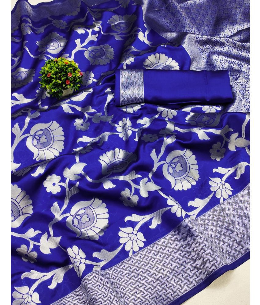     			Satrani Silk Blend Woven Saree With Blouse Piece - Blue ( Pack of 1 )