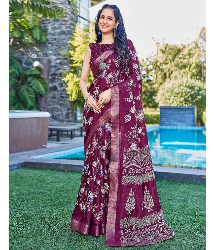     			Satrani Silk PRINTED Saree With Blouse Piece - Wine ( Pack of 1 )