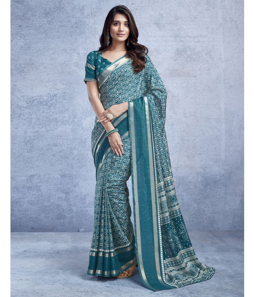     			Satrani Silk PRINTED Saree With Blouse Piece - Teal ( Pack of 1 )