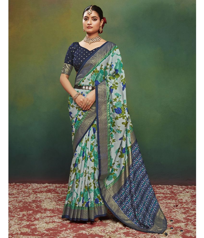     			Satrani Silk Printed Saree With Blouse Piece - Light Grey ( Pack of 1 )