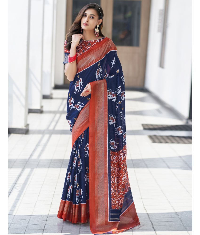     			Satrani Silk Printed Saree With Blouse Piece - Navy Blue ( Pack of 1 )