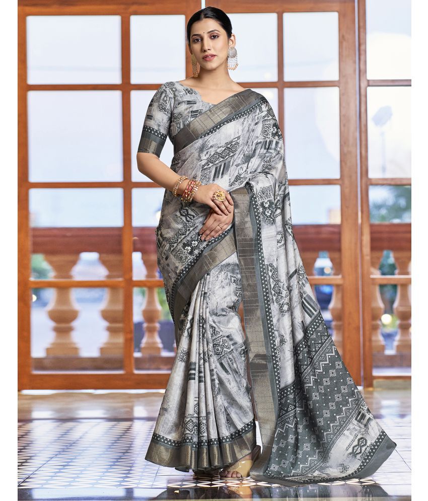     			Satrani Silk Printed Saree With Blouse Piece - Light Grey ( Pack of 1 )