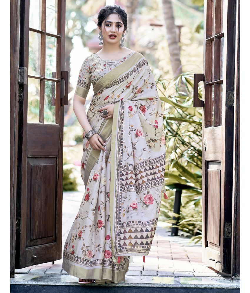     			Satrani Silk Printed Saree With Blouse Piece - Beige ( Pack of 1 )