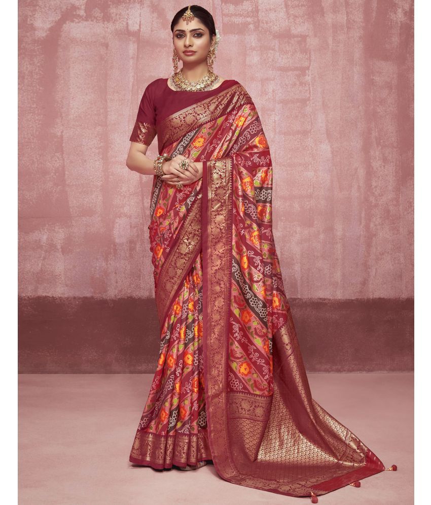     			Satrani Silk Printed Saree With Blouse Piece - Maroon ( Pack of 1 )