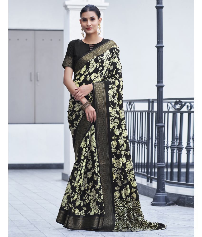     			Satrani Silk Printed Saree With Blouse Piece - Black ( Pack of 1 )