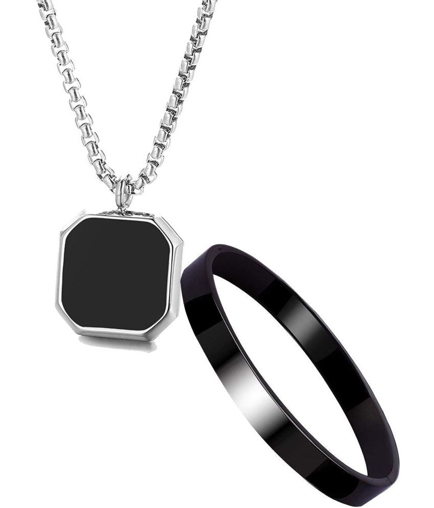     			Thrillz Silver Chain For Men Stainless Steel Square Silver Chain Pendant with Black Kada Bracelet For Men Boys Stylish Mens Jewellery