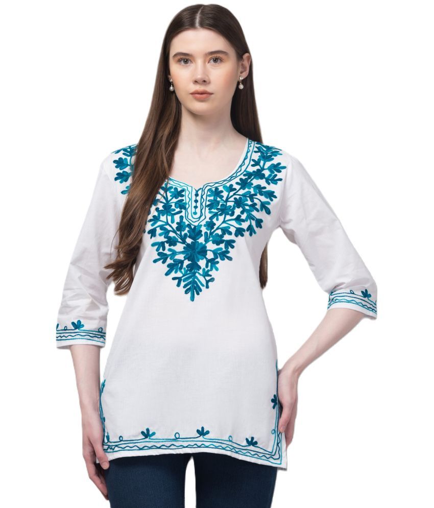     			Aura Glam Rayon Embroidered Straight Women's Kurti - White,Turquoise ( Pack of 1 )