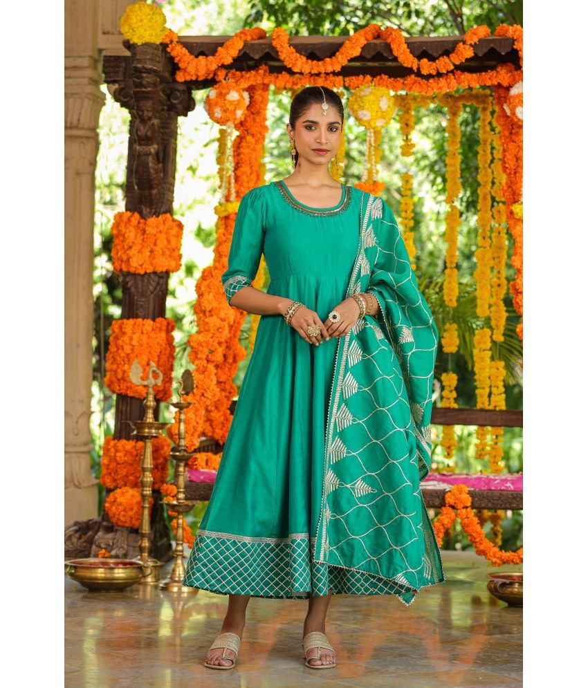     			Juniper Chanderi Solid Anarkali Women's Kurti with Dupatta - Green ( Pack of 1 )