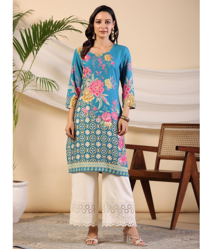     			Juniper Rayon Printed Straight Women's Kurti - Blue ( Pack of 1 )