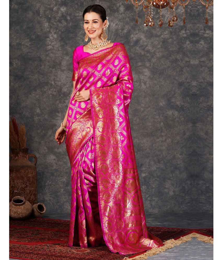     			Samah Art Silk Woven Saree With Blouse Piece - Pink ( Pack of 1 )