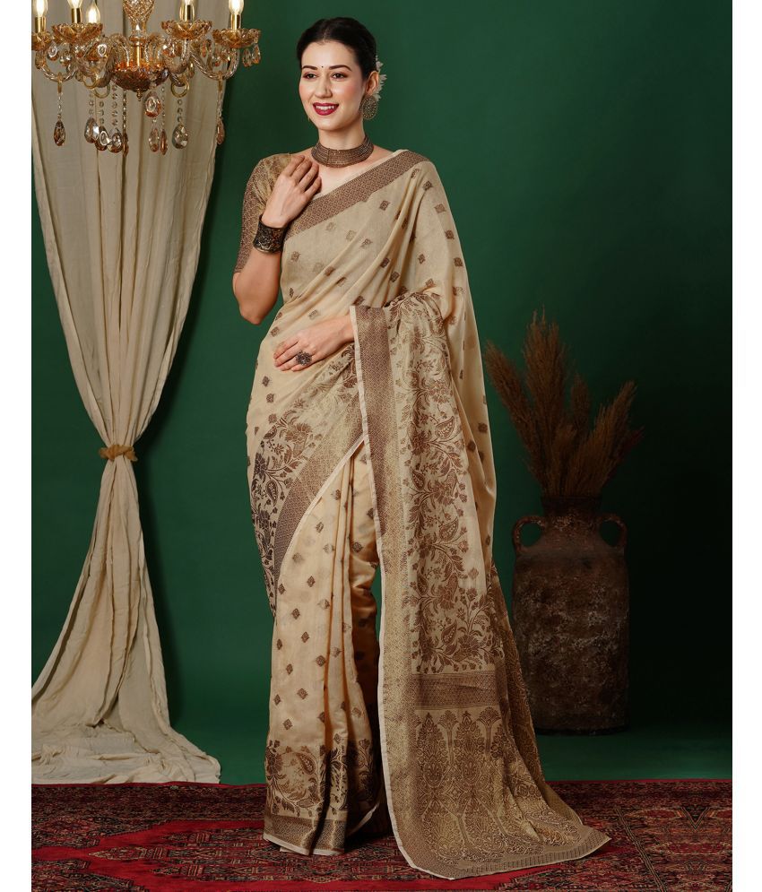     			Satrani Cotton Silk Self Design Saree With Blouse Piece - Beige ( Pack of 1 )