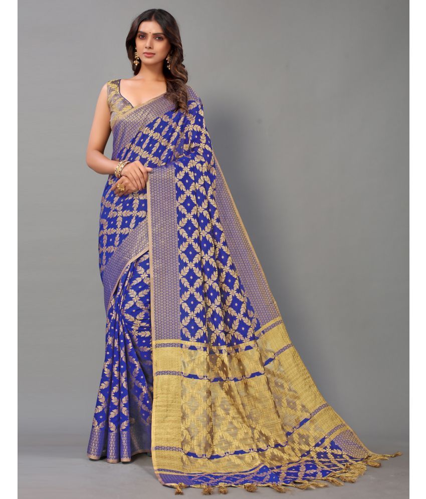     			Satrani Cotton Silk Woven Saree With Blouse Piece - Blue ( Pack of 1 )