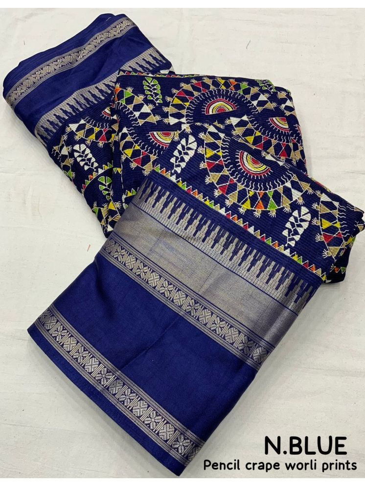     			Bhuwal Fashion Mysore Silk Printed Saree With Blouse Piece - Navy Blue ( Pack of 1 )