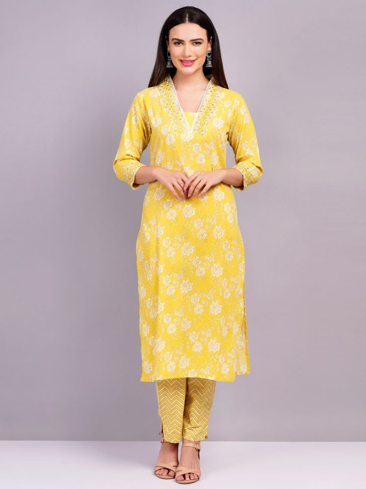     			JC4U Cotton Blend Self Design Kurti With Pants Women's Stitched Salwar Suit - Yellow ( Pack of 1 )