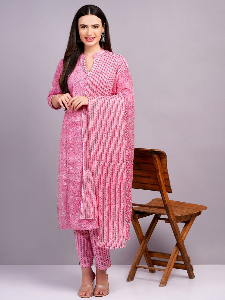     			JC4U Cotton Blend Self Design Kurti With Pants Women's Stitched Salwar Suit - Pink ( Pack of 1 )