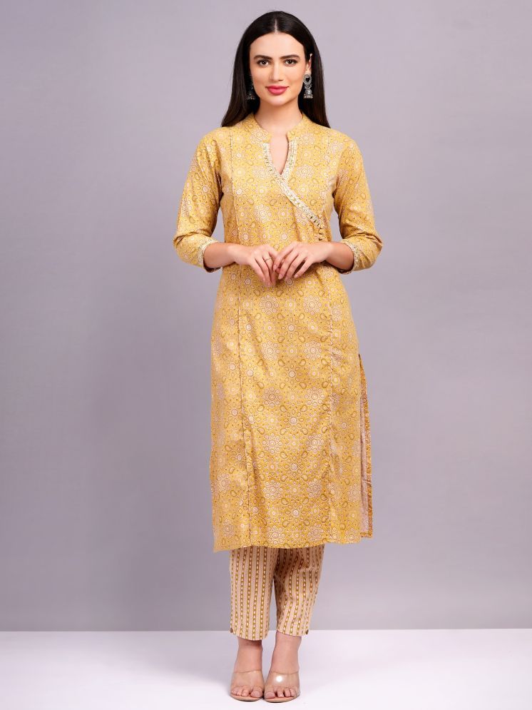     			JC4U Cotton Blend Self Design Kurti With Pants Women's Stitched Salwar Suit - Yellow ( Pack of 1 )