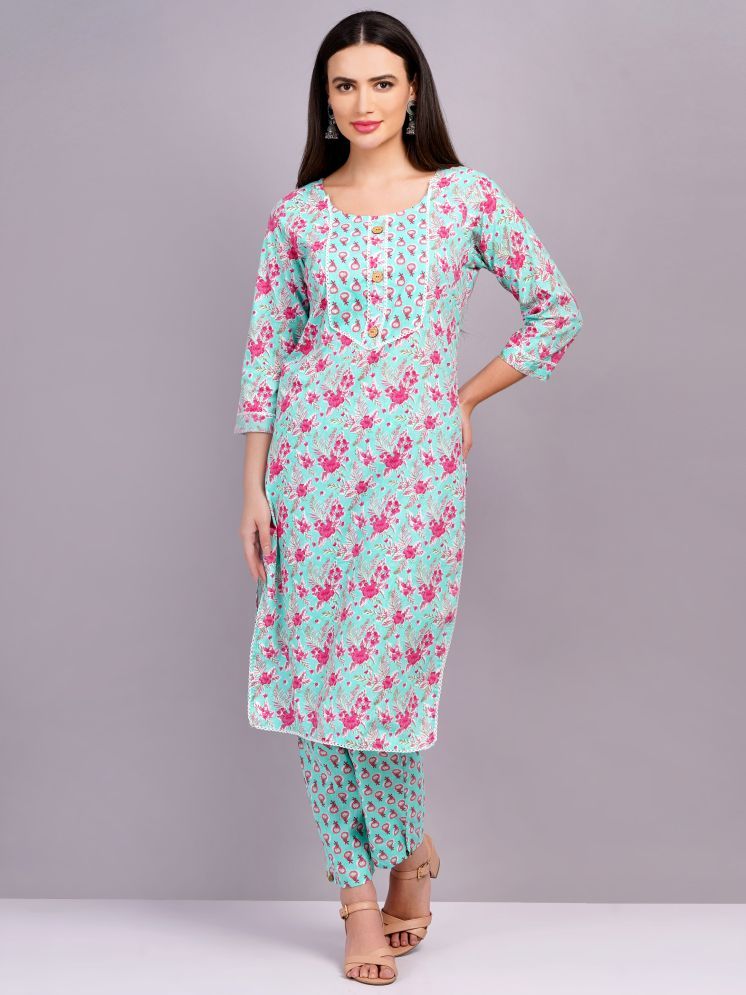     			JC4U Cotton Blend Self Design Kurti With Pants Women's Stitched Salwar Suit - Blue ( Pack of 1 )