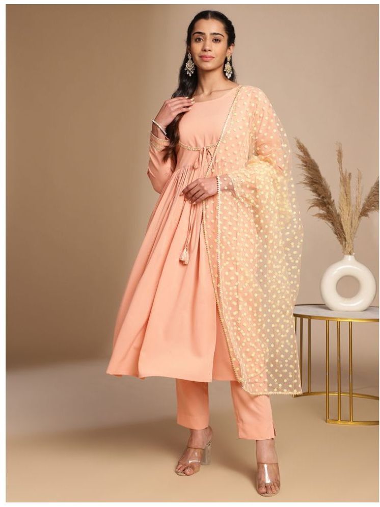     			Janasya Crepe Embellished Kurti With Pants Women's Stitched Salwar Suit - Peach ( Pack of 1 )