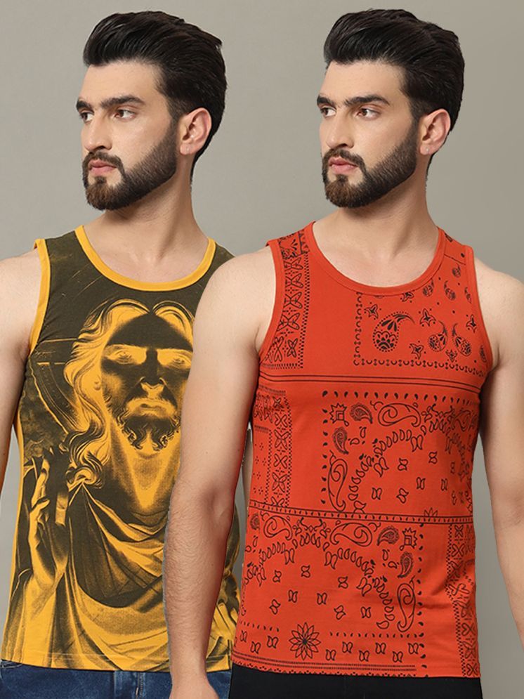     			RELANE Cotton Blend Regular Fit Printed Sleeveless Men's T-Shirt - Rust ( Pack of 2 )