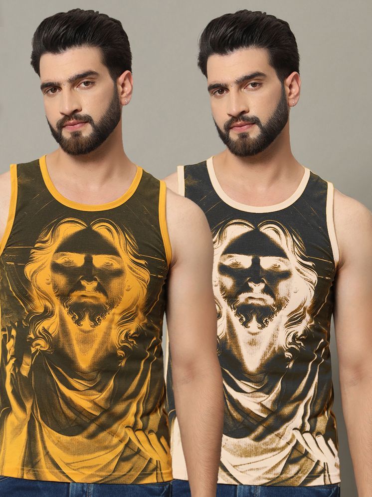     			RELANE Cotton Blend Regular Fit Printed Sleeveless Men's T-Shirt - Beige ( Pack of 2 )