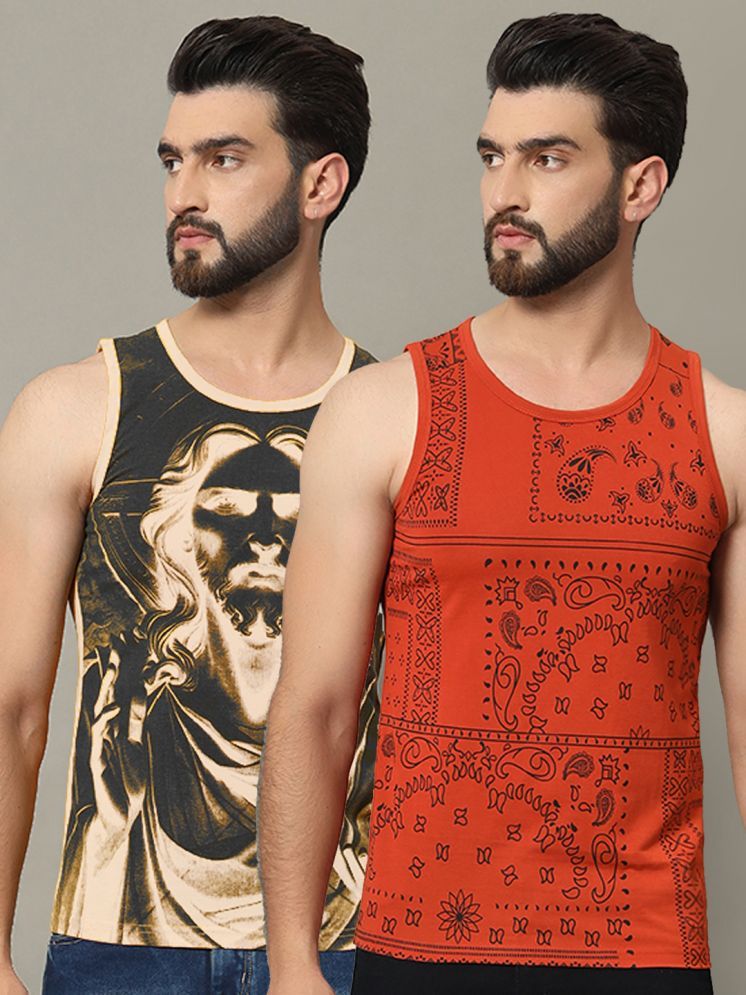     			RELANE Cotton Blend Regular Fit Printed Sleeveless Men's T-Shirt - Rust Brown ( Pack of 2 )