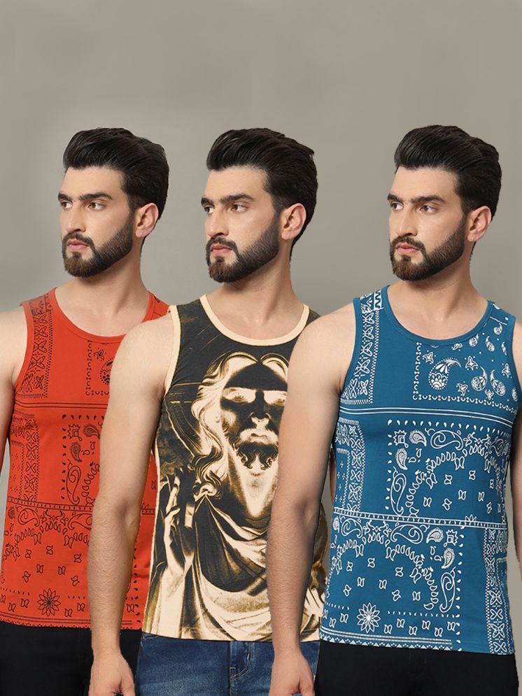     			RELANE Cotton Blend Regular Fit Printed Sleeveless Men's T-Shirt - Beige ( Pack of 3 )