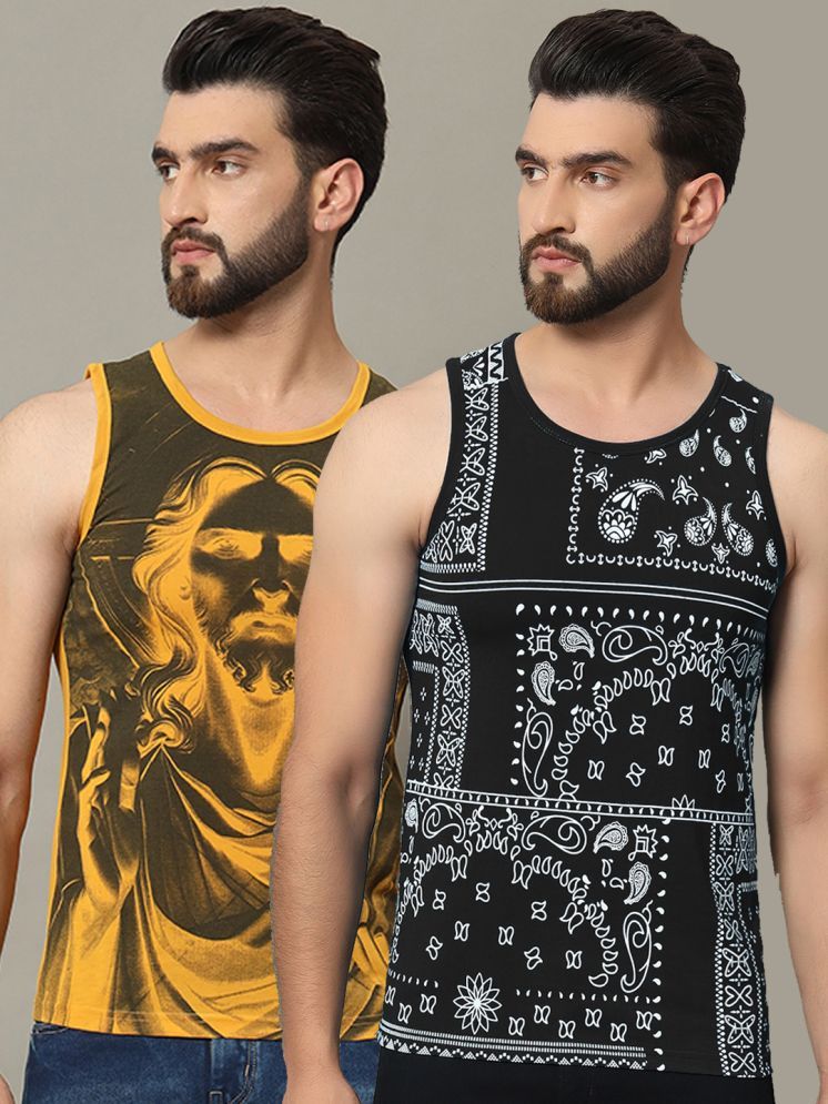     			RELANE Cotton Blend Regular Fit Printed Sleeveless Men's T-Shirt - Black ( Pack of 2 )