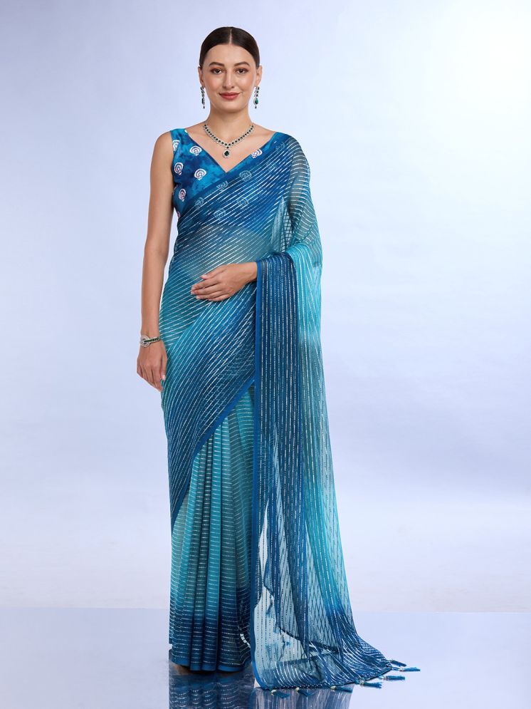     			Rekha Maniyar Chiffon Striped Saree With Blouse Piece - Teal ( Pack of 1 )