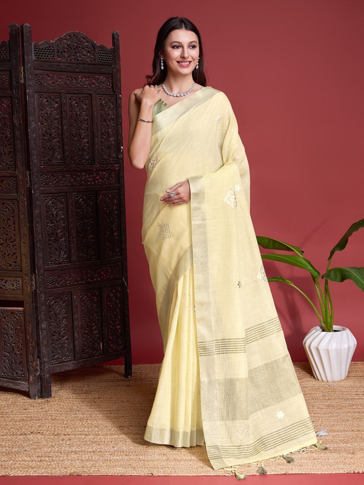     			Rekha Maniyar Linen Embroidered Saree With Blouse Piece - Yellow ( Pack of 1 )